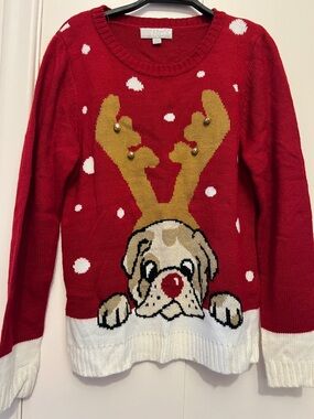 Red Reindeer Dog Knit Sweater Women's Holiday Sweater with Jingles